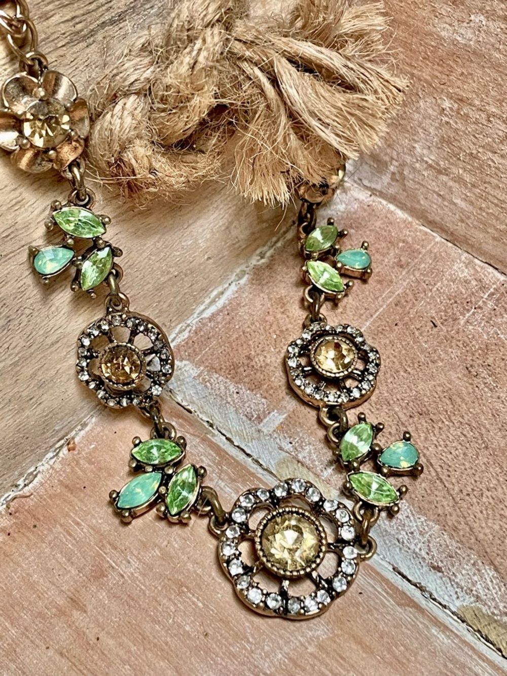 Floral Crystal Statement Necklace - Green and Gold